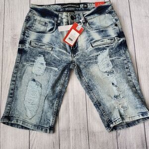 Skinny Fit Distressed Blue Wash Denim Shorts
